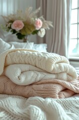 Fototapeta na wymiar A cozy indoor scene is elevated with a stack of knitted blankets, draped with delicate rose-patterned linens and a vase of fresh flowers, adding a touch of warmth and comfort to the bed