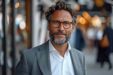 Obraz premium A distinguished gentleman in a sharp suit stands in front of a building, his wise eyes behind glasses and his well-groomed beard adding to his refined appearance
