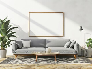 An inviting indoor space with a cozy sofa and stylish table, accented by a houseplant and natural light from the window