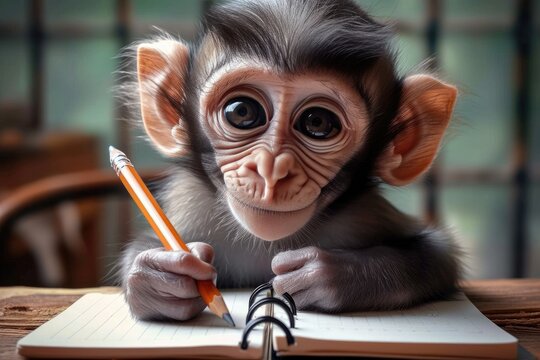 A curious simian scribbles away in its indoor habitat, lost in thought as it grasps a pencil with its tiny fingers and creates its own unique mark on a notebook