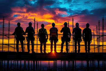 As the sky transitions from a vibrant sunset to a dreamy sunrise, a group of silhouetted people stand together on a scaffolding, their figures outlined against the clouds and a fence in the backgroun