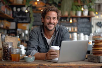 A focused man with glasses sits indoors at a table, sipping coffee while working on his laptop, surrounded by tableware and a sense of determination