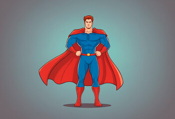 A male superhero in a blue and red super hero costume