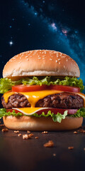 Big tasty hamburger on the background of cosmic space with stars