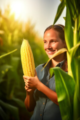 Corn thrives in this agriculture landscape, where a healthy corn field and a proud farmer holding corn symbolize farm-to-table freshness.