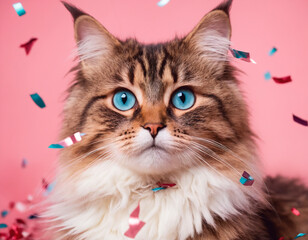Portrait of a beautiful fluffy cat with colorful confetti. The concept of a holiday