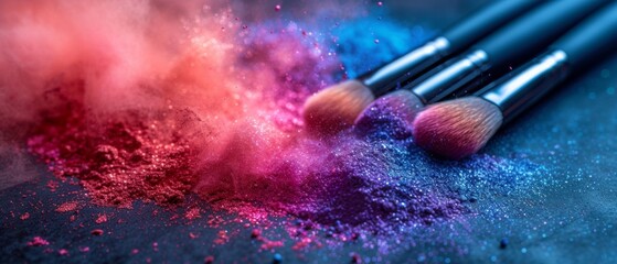 Makeup cosmetic brushes with powder blush explosion on black background. Skin care or fashion concept. Free space for your text