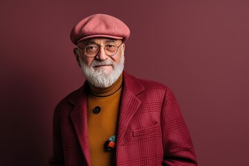 Portrait of a senior man in a red jacket and beret posing on a pink background.