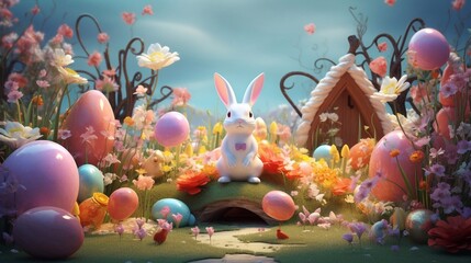 Happy Easter Day Design with Colorful Painted Realistic Eggs and Cute Bunny