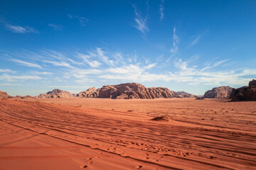 Wadi Rum, Jordan, Scenic view of Arabic Middle Eastern desert against clear blue sky with sand...
