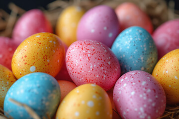 Fototapeta premium Background of colorful painted Easter eggs, group of eggs in a basket nest for creative activities and children's games