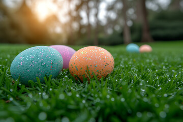 Fototapeta na wymiar Easter Eggs Hidden in a Green Field, Children's Activity During Holy Week