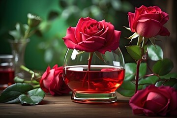red rose and glass of wine, Rose water and Valentine rose