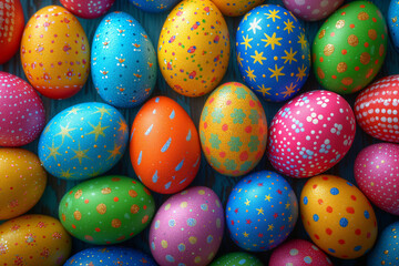 Fototapeta na wymiar Background of colorful painted Easter eggs, vibrant composition of eggs for creative activities and children's games during Holy Week