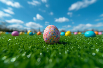 Easter Eggs Hidden in a Green Field, Many Colorful Eggs Scattered on the Grass Under a Clear Blue Sky