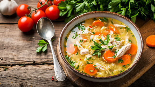 Homemade chicken soup in a bowl