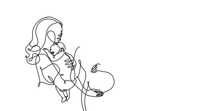 Pregnant woman and mother with baby. Continuous line drawing animation video. Pregnant woman hugging belly line art vector video. happy pregnant woman line art drawing.4k video