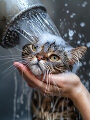 Funny Wet Cat Taking a Bath