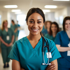 Portrait of a young nurse od medical student in her scrubs standing in hospital receprion area
