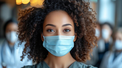 Portrait of a young nurse od medical student in her scrubs and medical mask standing in hospital receprion area - obrazy, fototapety, plakaty