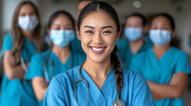 Group Of Young Nurses Or Medical Students Standing With Their Team In Hospital Hall