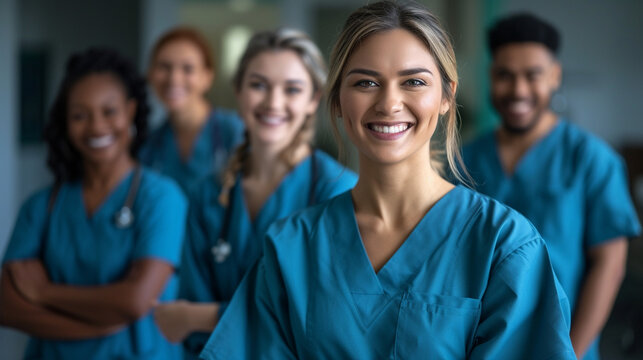 Group of young doctors, students and medical residents  standing with their team in hospital hall