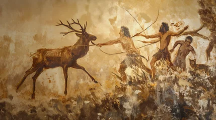 Foto op Canvas Cavemen hunting - Hunters - deer - Prehistoric hunters - Neanderthal - History © Graxaim