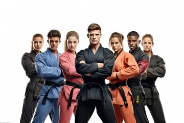 A group of fighter such as Karate, Taekwondo, Fighter, Boxing, Thai Boxing, white background. Generative AI.