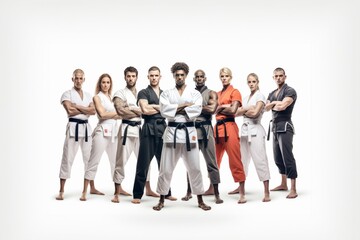 Obraz premium A group of fighter such as Karate, Taekwondo, Fighter, Boxing, Thai Boxing, white background. Generative AI.