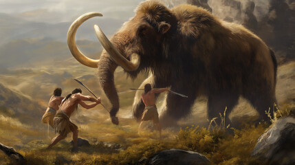 Cavemen hunting - Hunters - Mammoth - Prehistoric hunters - Neanderthal - History - obrazy, fototapety, plakaty