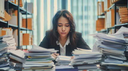 Overworked woman sitting in her office, with big pile of papers on her desk