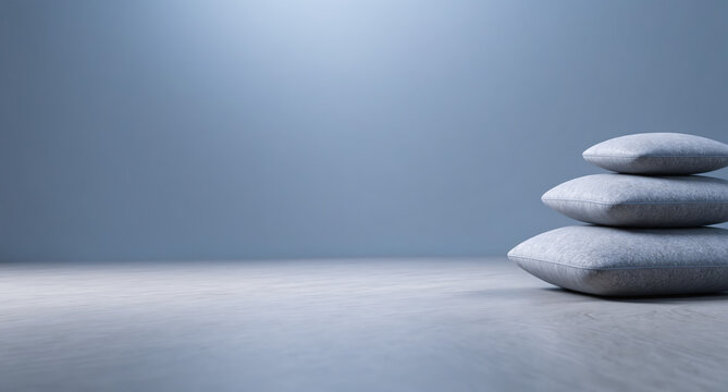 AI generated image of a minimal zen space in a pastel blue room with space in the middle and pillows on the side 