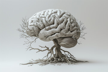 Artificial human brain with tree roots on gray background