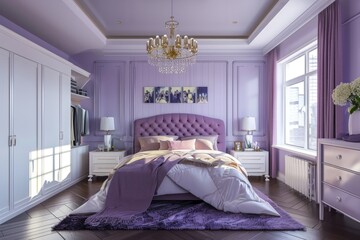 Luxurious purple bedroom with bed and wardrobe