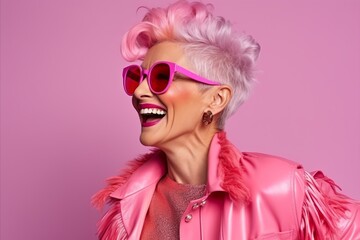 Portrait of a stylish senior woman with pink hair and sunglasses. Beauty, fashion.