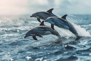 Pod of dolphins jumping in the sea