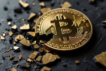 Close up of a broken and cracked bitcoin. Price crash concept