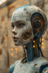 Fototapeta premium AI robotic face close-up, blue tech, machine learning, artificial intelligence, cyber innovation.