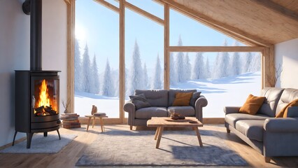 The spacious interior of a private house with a fireplace, upholstered chairs and a large panoramic window. A cozy living room with a view of the winter expanses and the forest.