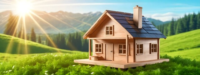A wooden house standing on a green lawn in the sunlight. The concept of selling real estate