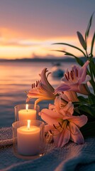 Twilight Tranquility with Lilies and Gentle Candle Glow 
