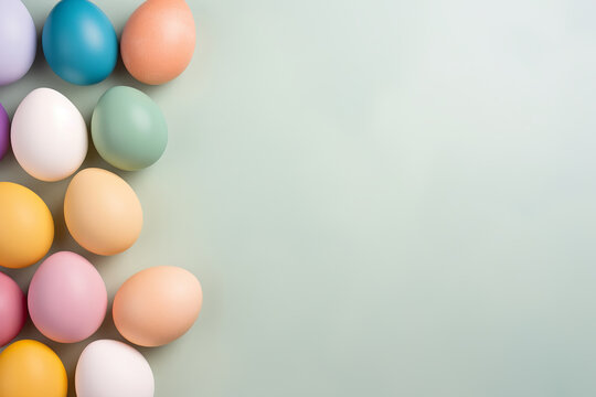 Colored Easter eggs on light pastel background top view with copy space