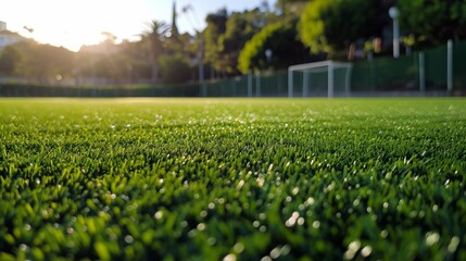 soccer and football field with morning ray - obrazy, fototapety, plakaty