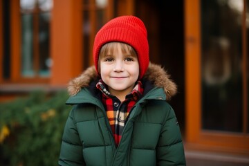 Outdoor portrait of a cute little boy wearing warm winter clothes.