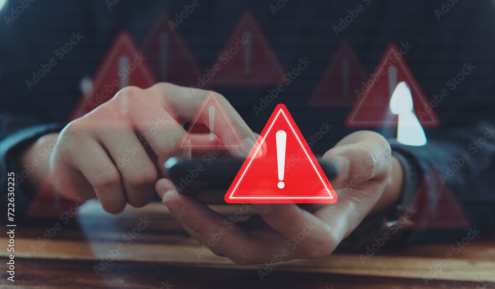 Poster emergency warning alert alarm on smartphone, data network protection, virus alarm with people using 