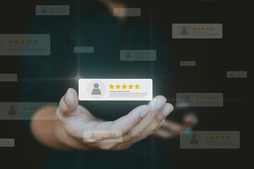 Customer review good rating concept, hand pressing user and five star icon on visual screen for positive customer feedback, testimonial and testimony, user comment and feedback for review.	