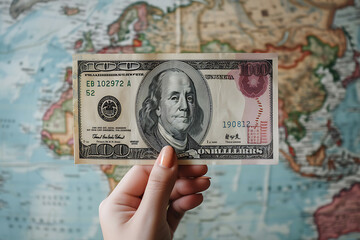 A woman's hand holds a 100 dollar bill against the background of a geographical map