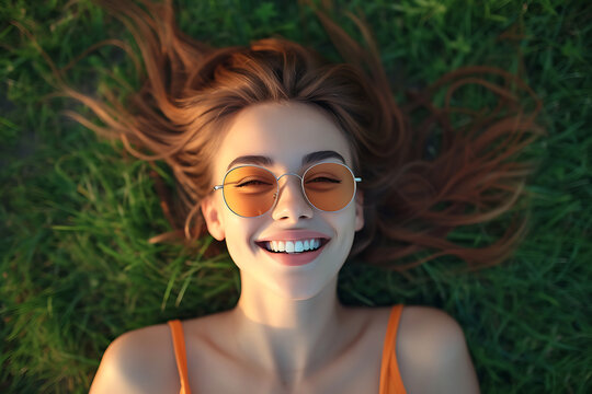 A happy young woman top view lying on the grass and smiling on a sunny summer day in the park