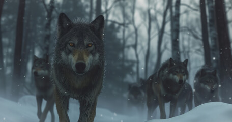 Cinematic Shot of a Wolfpack on the Hunt in Snowy Forest