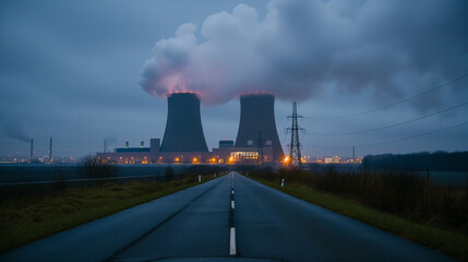 Fototapeta na wymiar Wide View of Nuclear Power Facility with Cooling Towers Releasing Steam